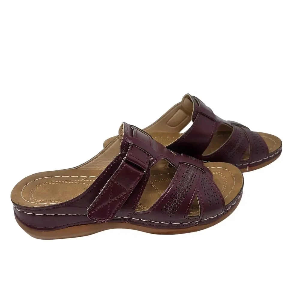 Orthopedic Faux Leather Burgundy Slip On Wedge Sandals Comfort Shoes Size 39